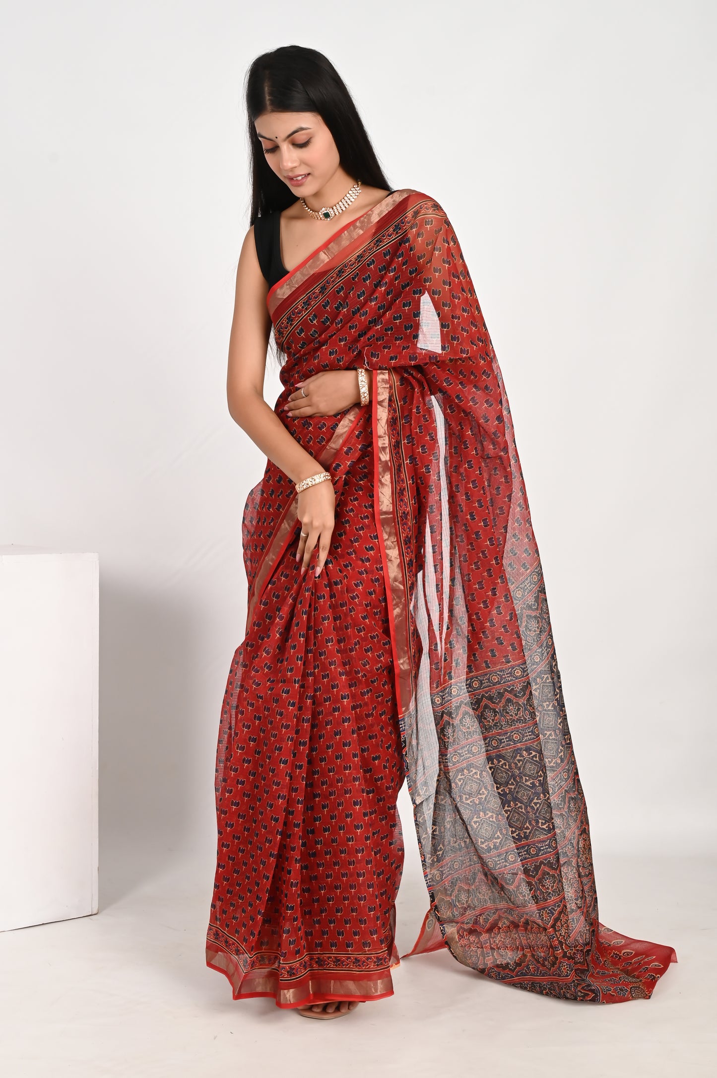 Floral Red Kota Doria Saree