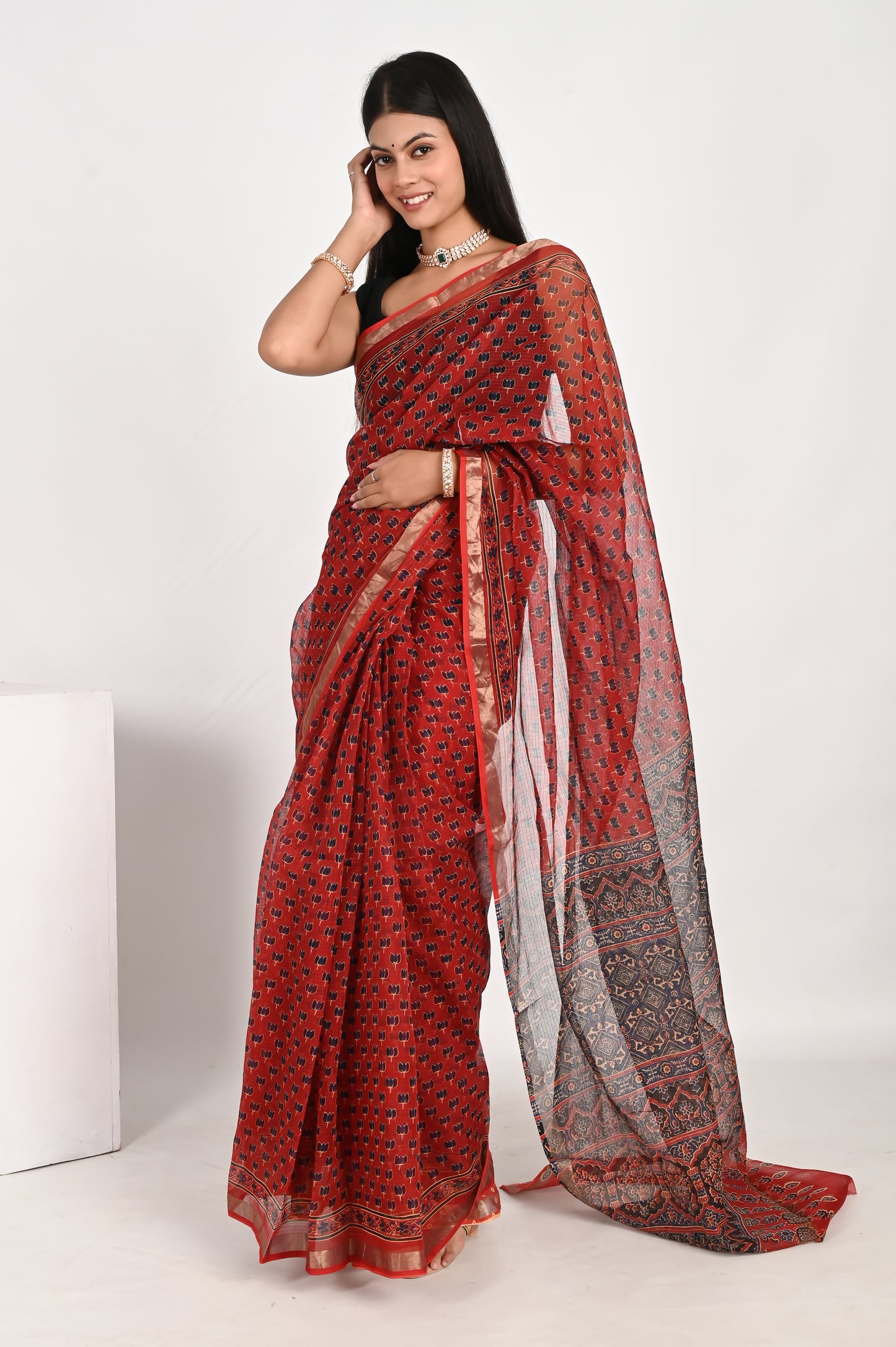 Floral Red Kota Doria Saree