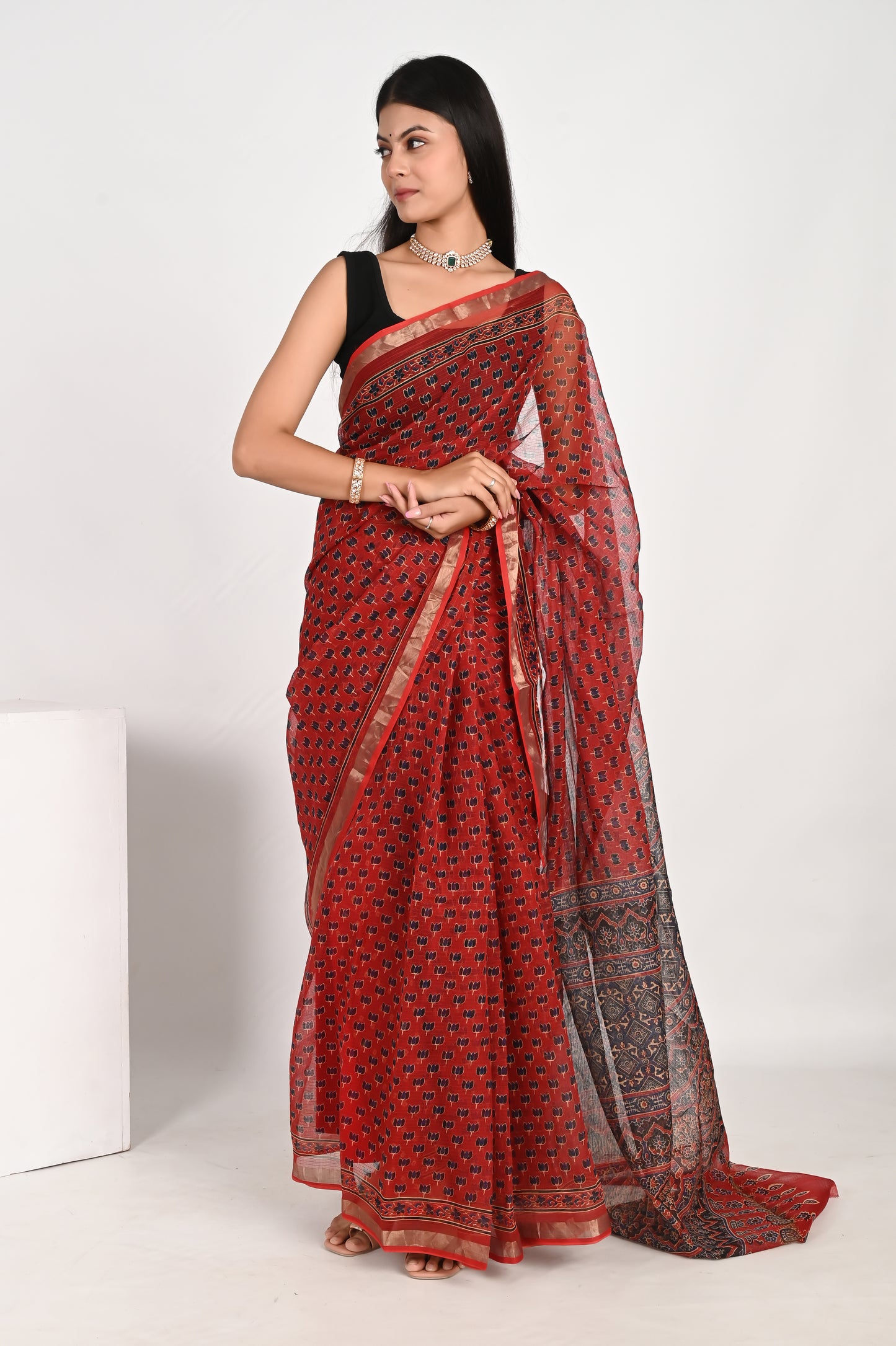 Floral Red Kota Doria Saree