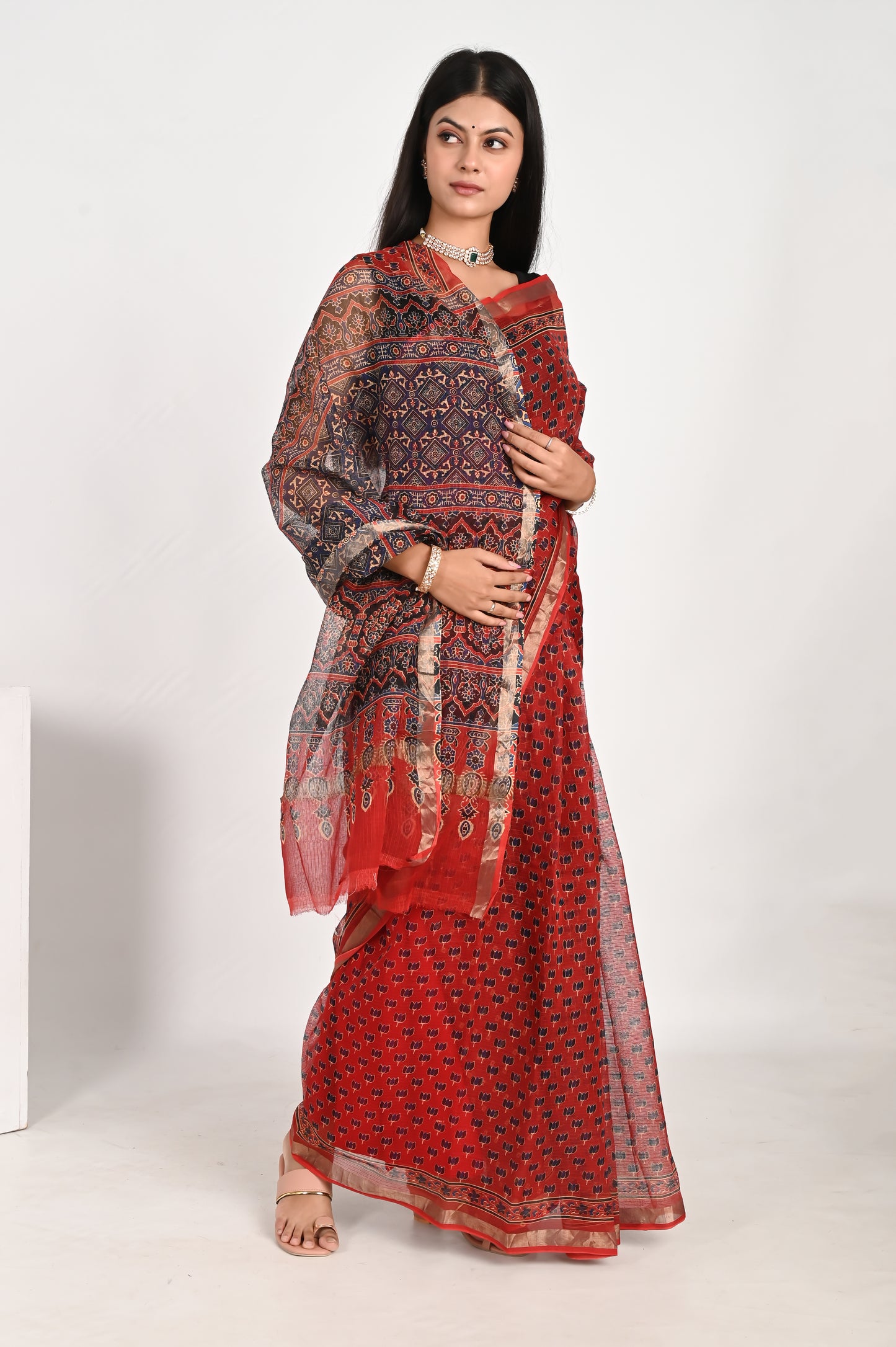 Floral Red Kota Doria Saree