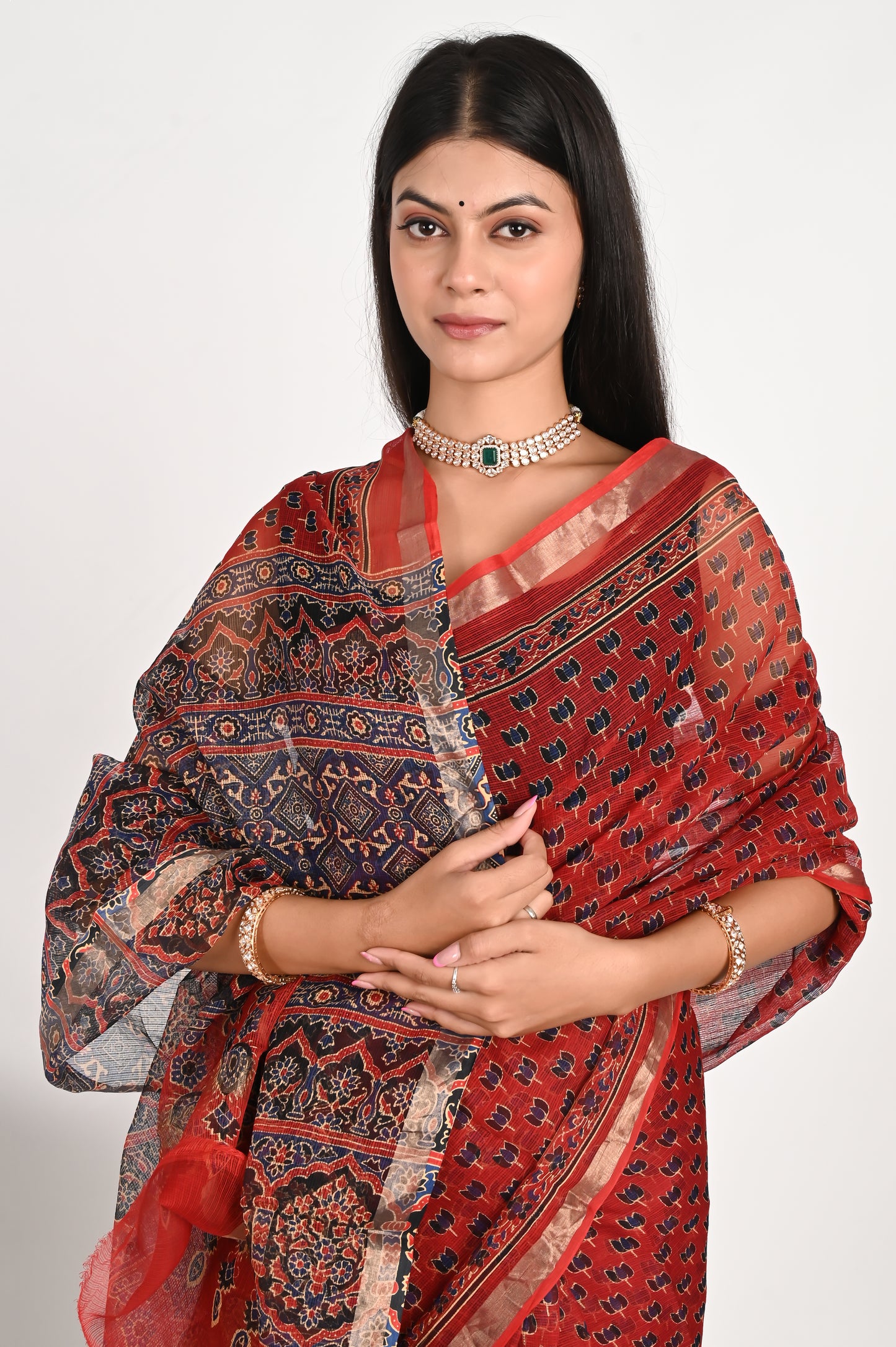 Floral Red Kota Doria Saree