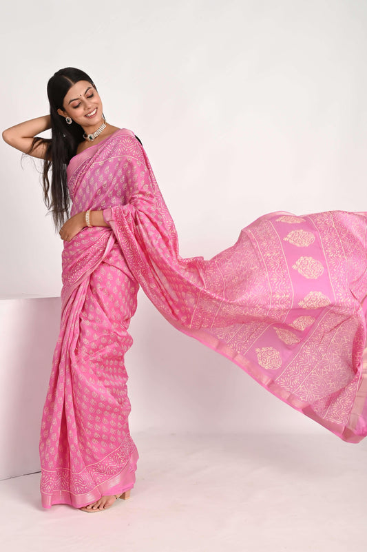 Rosy Pink Maheshwari Silk Saree