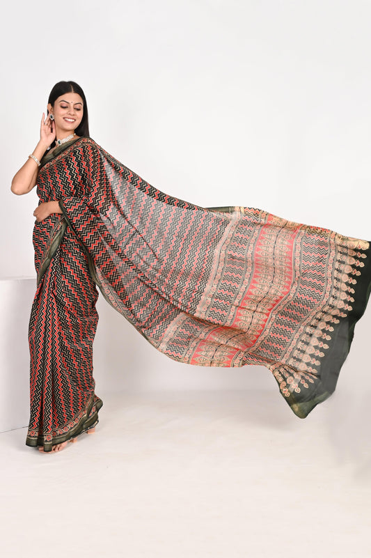 Regal Brown & Black Maheshwari Silk Saree