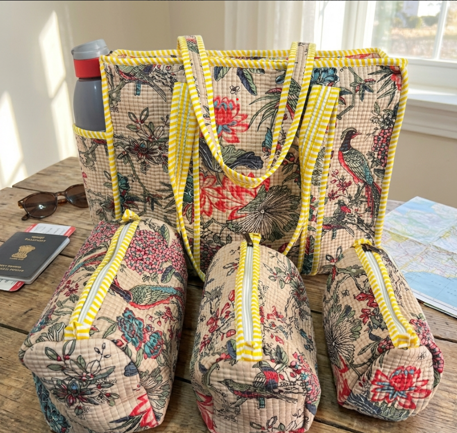 RajPadmini 4-in-1 Festive Gifting COMBO : Premium Quilted Tote Bag + 3 Waterproof Pouches = Your Complete Organization Solution!