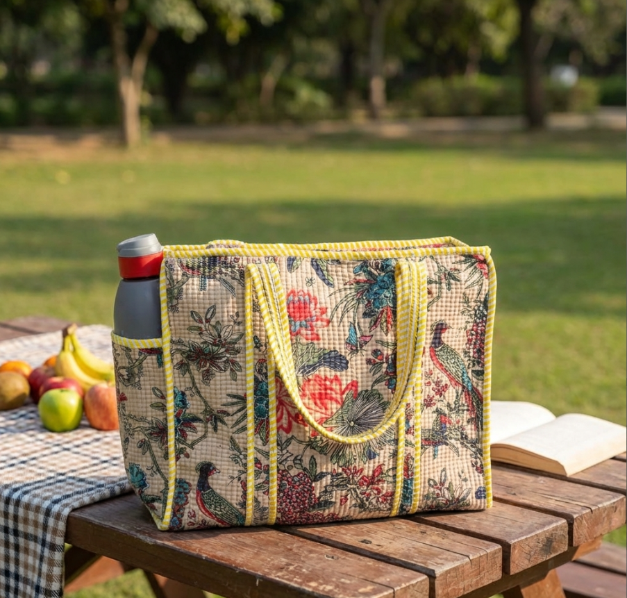 Artisan Quilted Bloom Quilted Cotton Tote - Handcrafted Shopping Companion