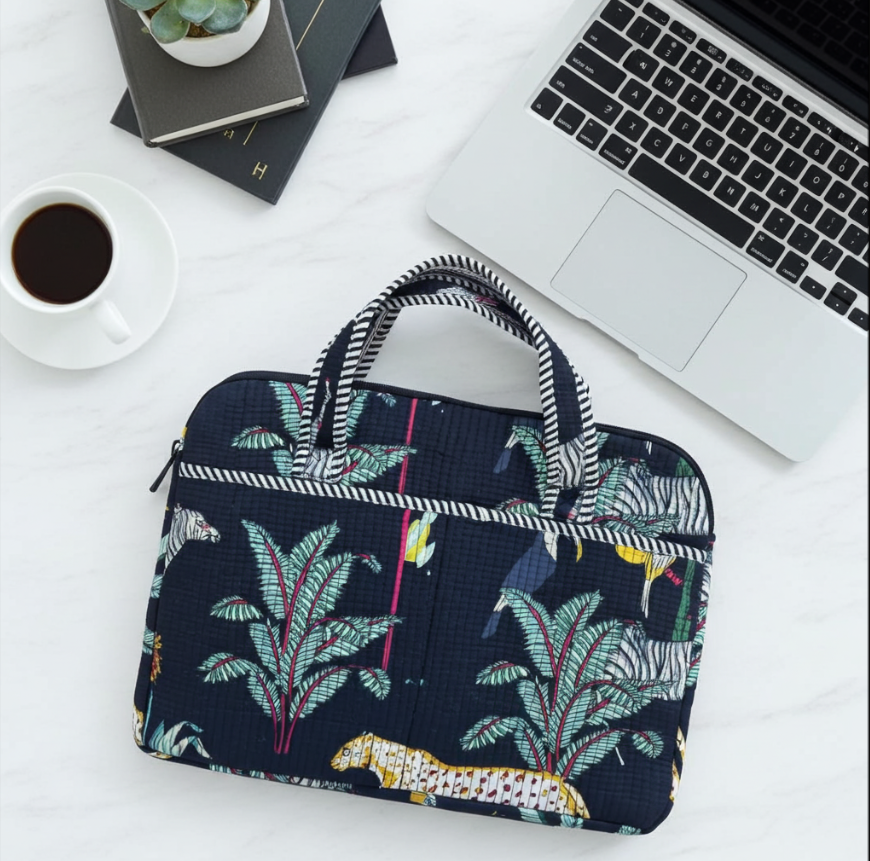 Animal print pink quilted laptop sleeve — handcrafted 14-inch sleeve by RajPadmini