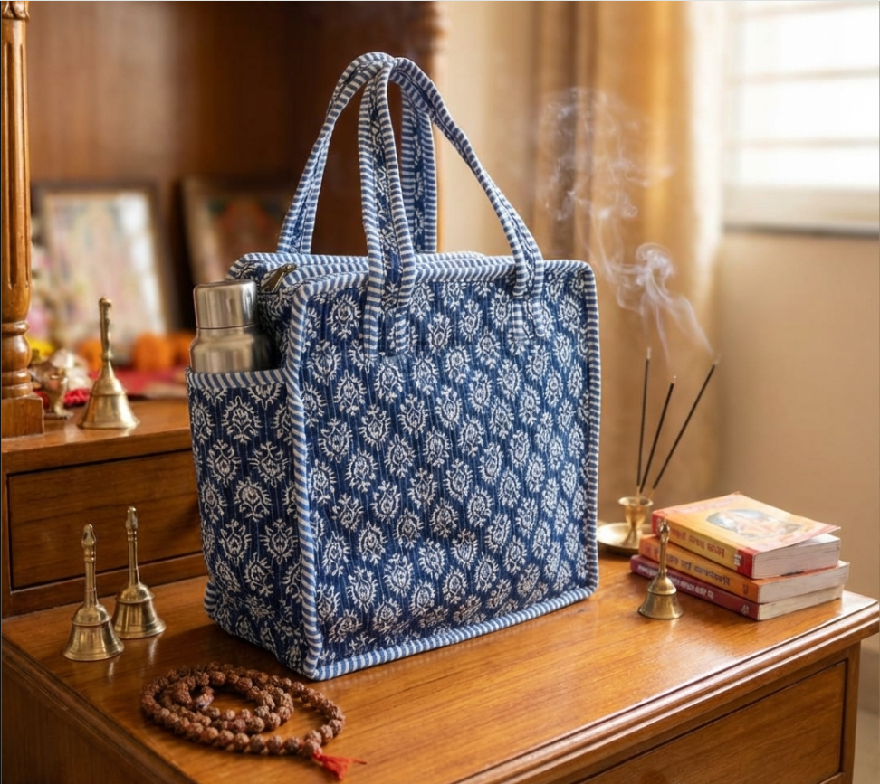 RajPadmini Handcrafted Quilted Cotton Ghar Se Mandir Edition - Tiffin & Pooja Carrier Collection