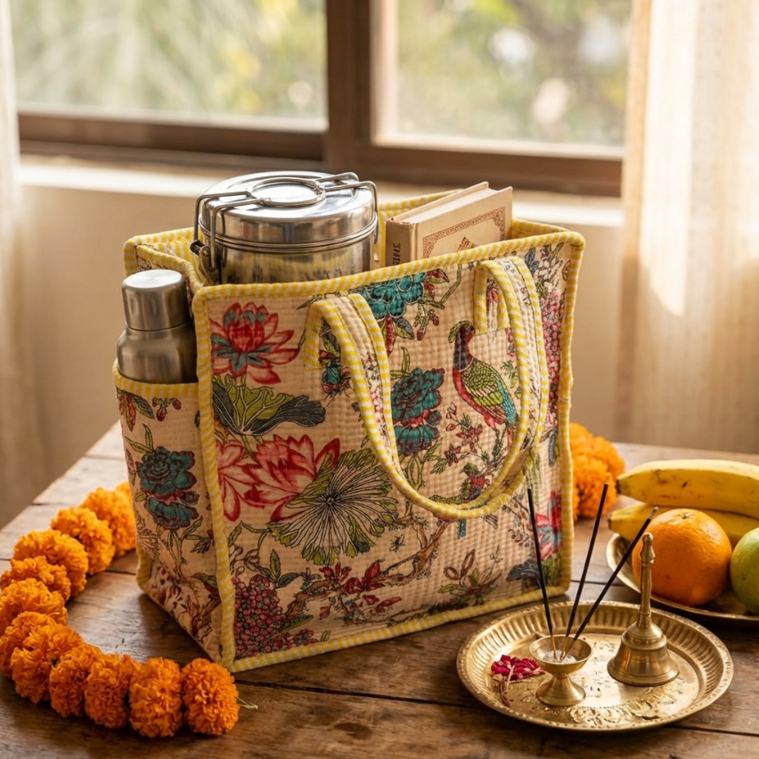 RajPadmini Handcrafted Quilted Cotton Ghar Se Mandir Edition - Tiffin & Pooja Carrier Collection