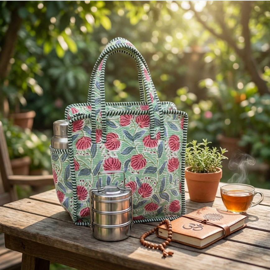 RajPadmini Handcrafted Quilted Cotton Ghar Se Mandir Edition - Tiffin & Pooja Carrier Collection