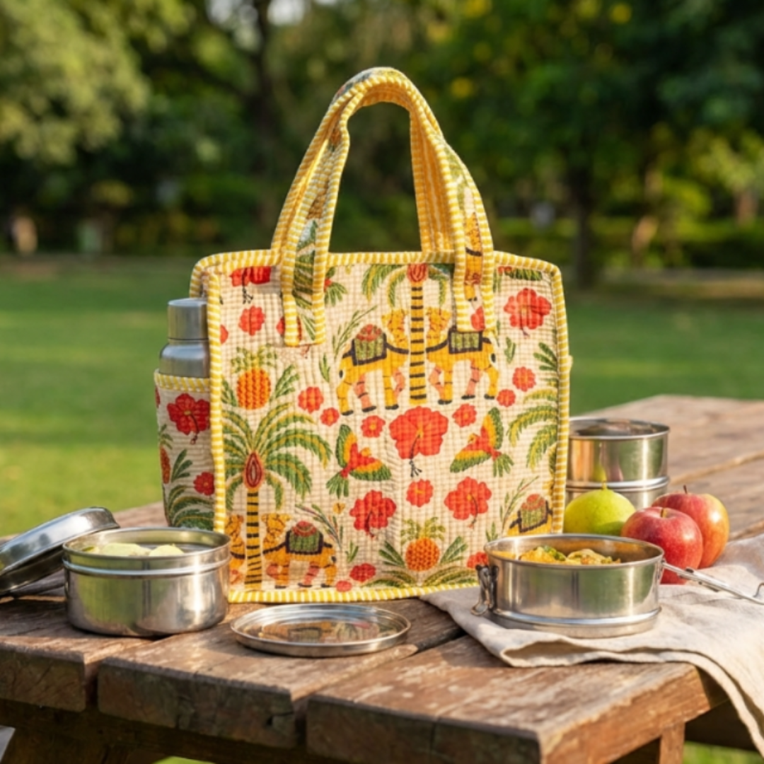 Colorful woven picnic & Pooja Bag basket with food items on a wooden table outdoors.