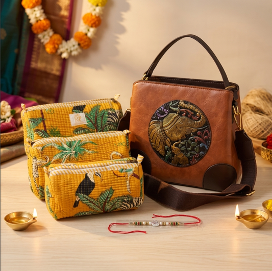 Rakhi Combo — The Maharani Box (Premium) | Amber Fort Elephant Sling + Travel Pouches Set of 3 + Free Rakhi | The House of RajPadmini