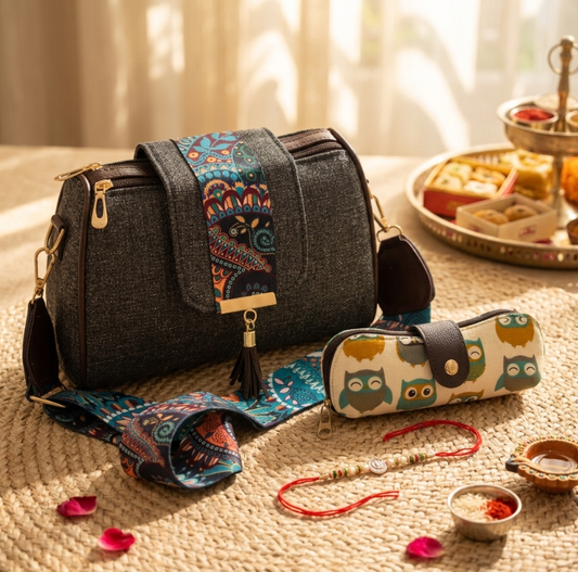 Rakhi Combo — Bhabhi Ka Shagun | Maharani Jute Sling + Sunglass Case + Free Rakhi | The House of RajPadmini