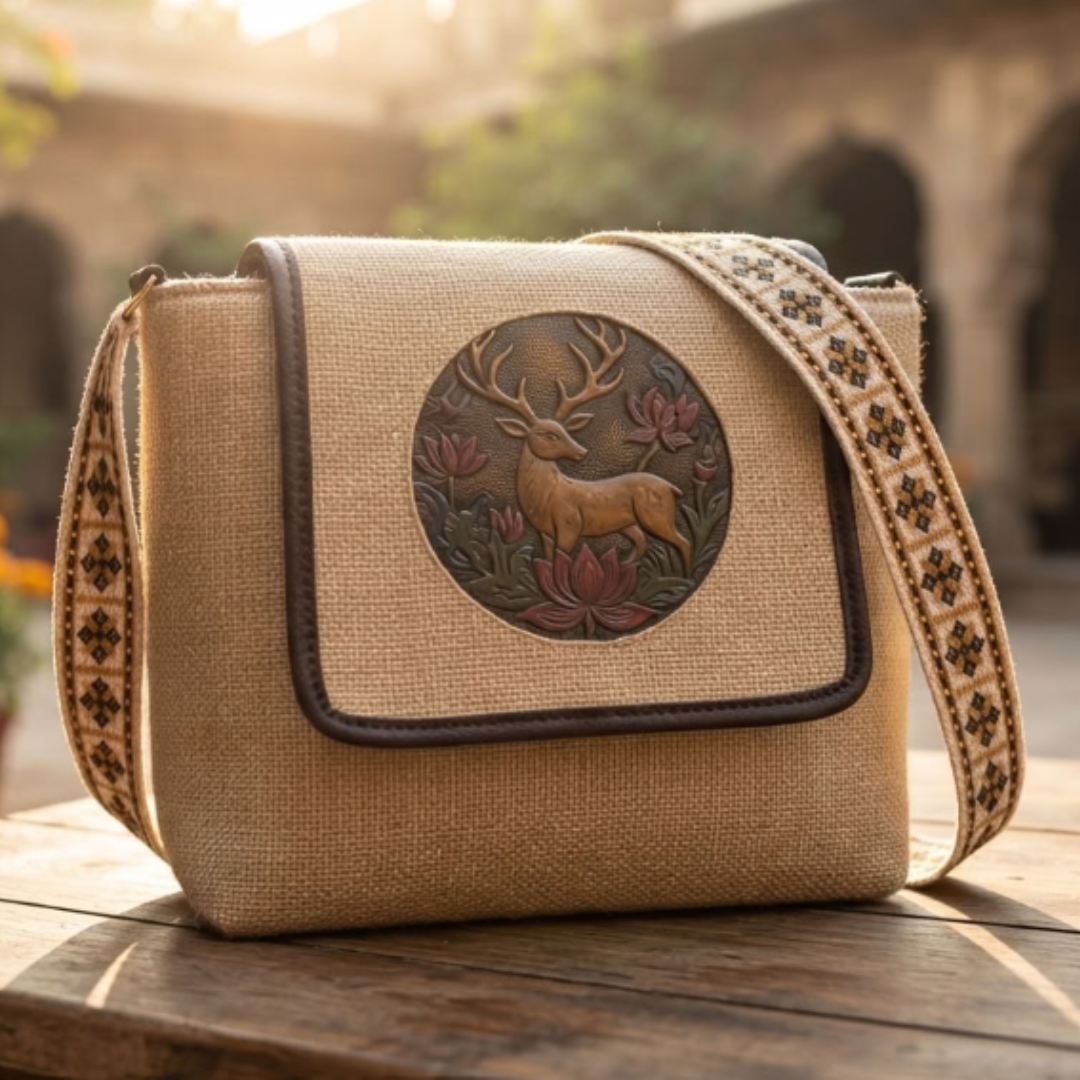 Medallion Embossed Jute Sling Bag for Women | Handcrafted Crossbody for Saree, Kurta & Festive Wear | The House of RajPadmini