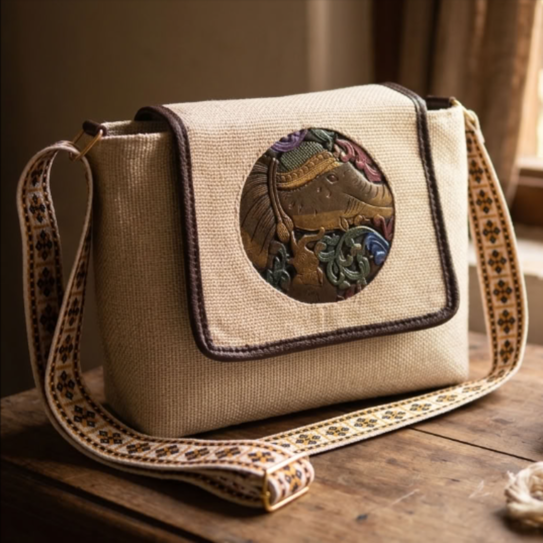 Medallion Embossed Jute Sling Bag for Women | Handcrafted Crossbody for Saree, Kurta & Festive Wear | The House of RajPadmini