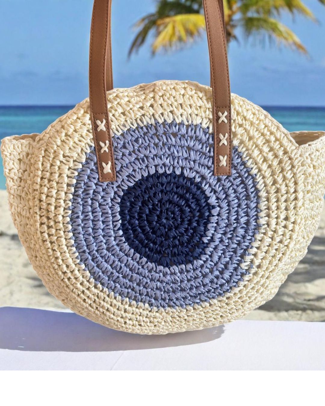 The Beach Party Edition - Premium Evil Eye Round White Straw Beach Tote