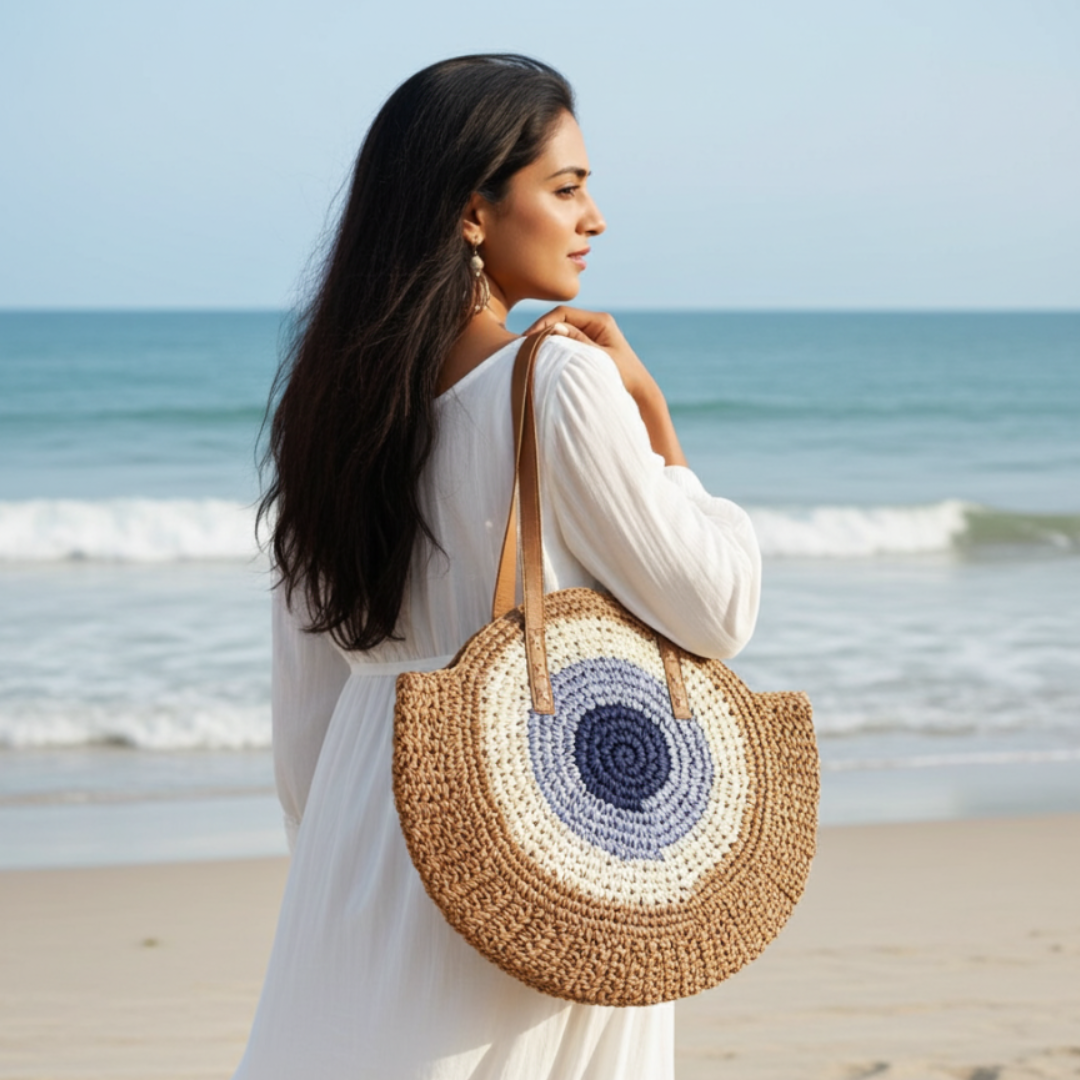 The Beach Party Edition - Premium Evil Eye Round Brown Straw Beach Tote