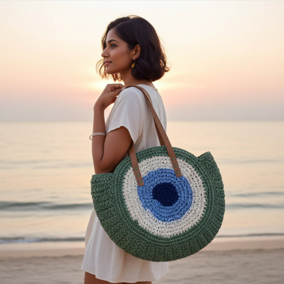 The Beach Party Edition - Premium Evil Eye Round Green Straw Beach Tote