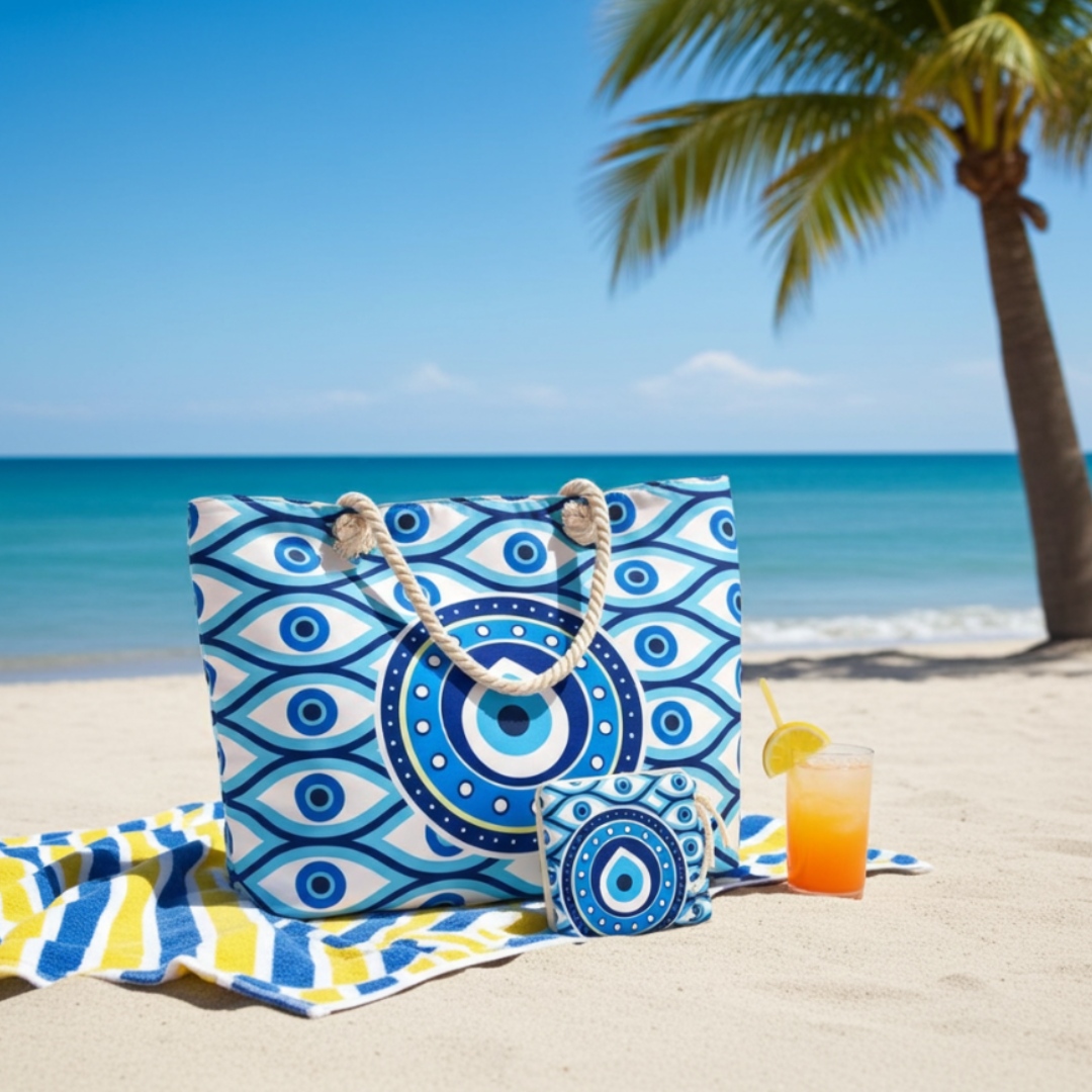 The Beach Party Edition:- Evil Eye Print Beach Tote Bag with complimentary Pouch