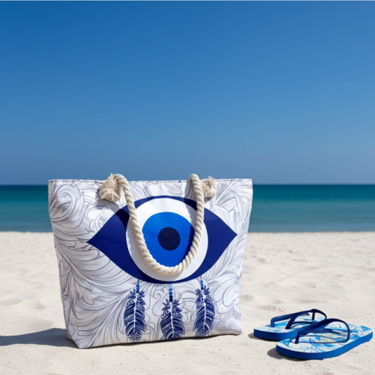 The Beach Party Edition:- Evil Eye Feather Print Beach Tote Bag with complimentary Pouch