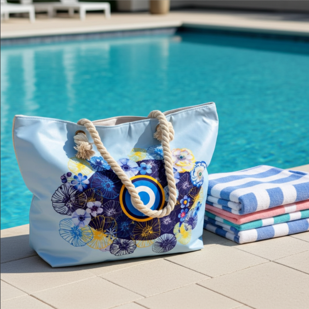 The Beach Party Edition:- Sky Blue Evil Eye Print Beach Tote Bag with complimentary Pouch