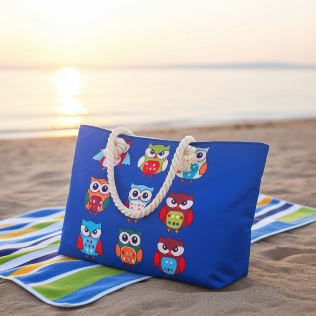 The Beach Party Edition:- Owl Print Beach Tote Bag with complimentary Pouch