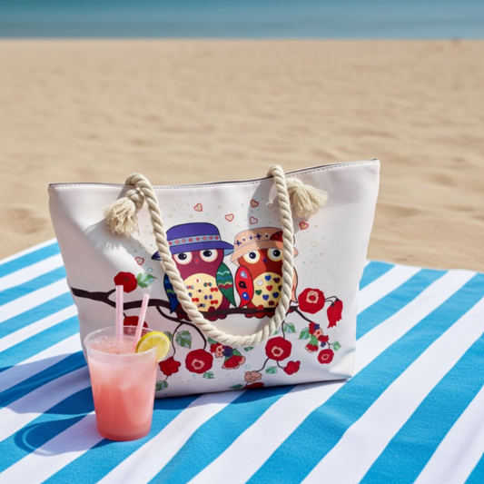 The Beach Party Edition:- Owl Print White Beach Tote Bag with complimentary Pouch