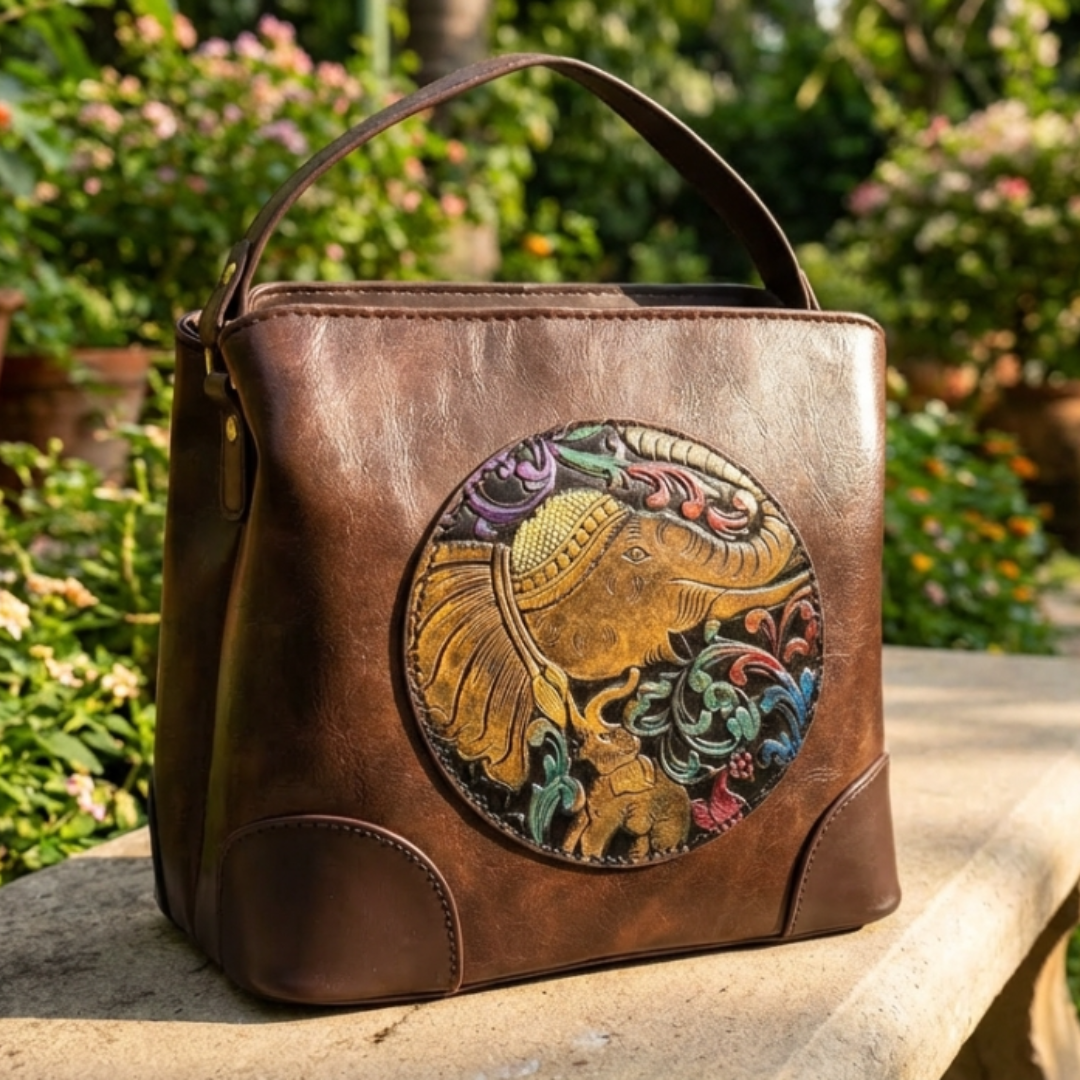 The House of RajPadmini Amber Fort Gajraj Edition | Embossed Elephant Medallion Handbag with Convertible Strap