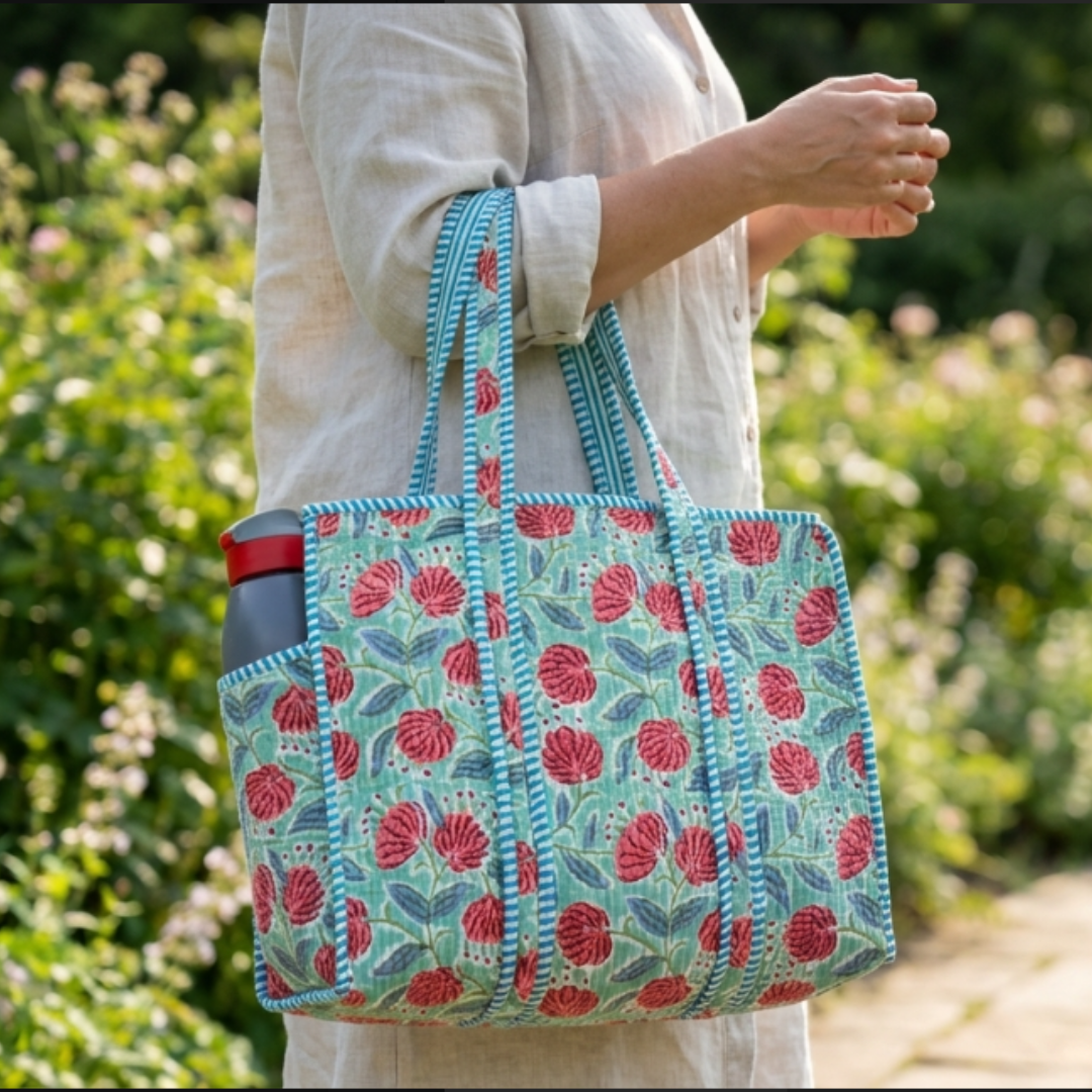 Green Artisan Quilted Bloom cotton tote — handcrafted shopping companion | The House of RajPadmini Jaipur