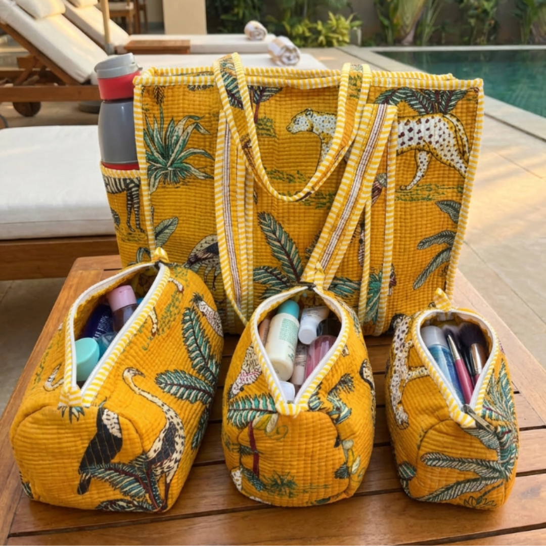 RajPadmini 4-in-1 Festive Gifting COMBO : Premium Quilted Tote Bag + 3 Waterproof Pouches = Your Complete Organization Solution!