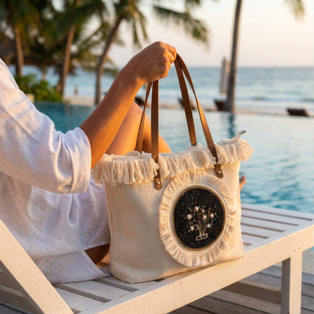 The Canvas Handwork Tote Bag with Beaded Embellishment