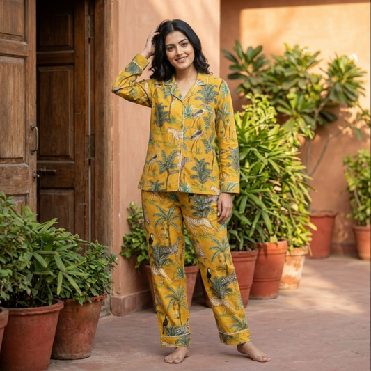 Aranyaka Yellow Cord Set | Animal Print Mulmul Cotton Loungewear