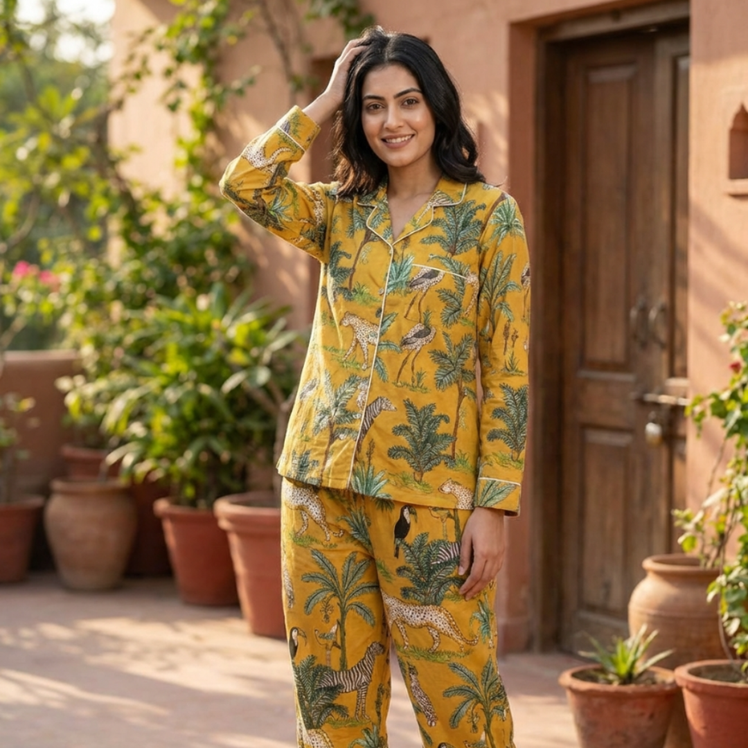 Aranyaka Yellow Cord Set | Animal Print Mulmul Cotton Loungewear