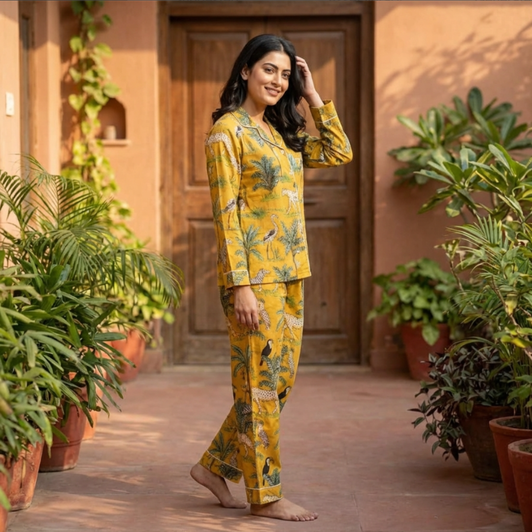 Aranyaka Yellow Cord Set | Animal Print Mulmul Cotton Loungewear