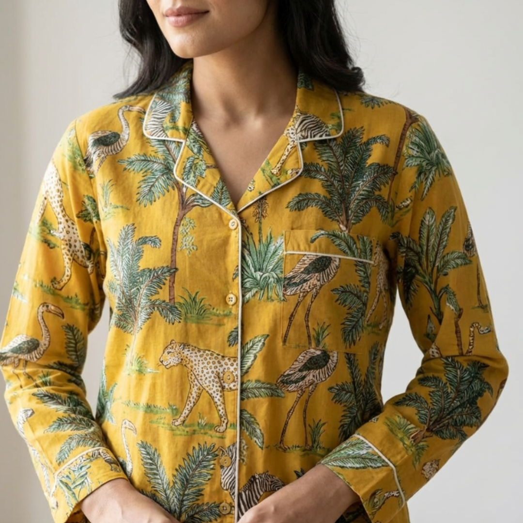 Aranyaka Yellow Cord Set | Animal Print Mulmul Cotton Loungewear