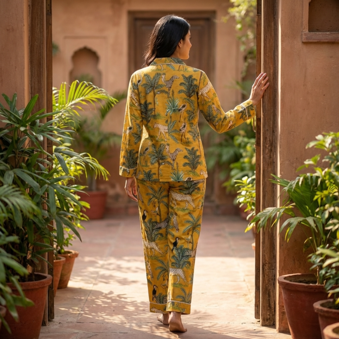 Aranyaka Yellow Cord Set | Animal Print Mulmul Cotton Loungewear