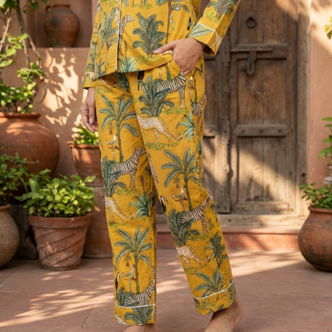 Aranyaka Yellow Cord Set | Animal Print Mulmul Cotton Loungewear