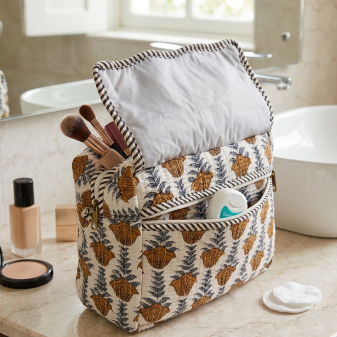Multi-Pocket Travel Cosmetic Case with Flap & Front Zip — Handcrafted Quilted Block Print | RajPadmini