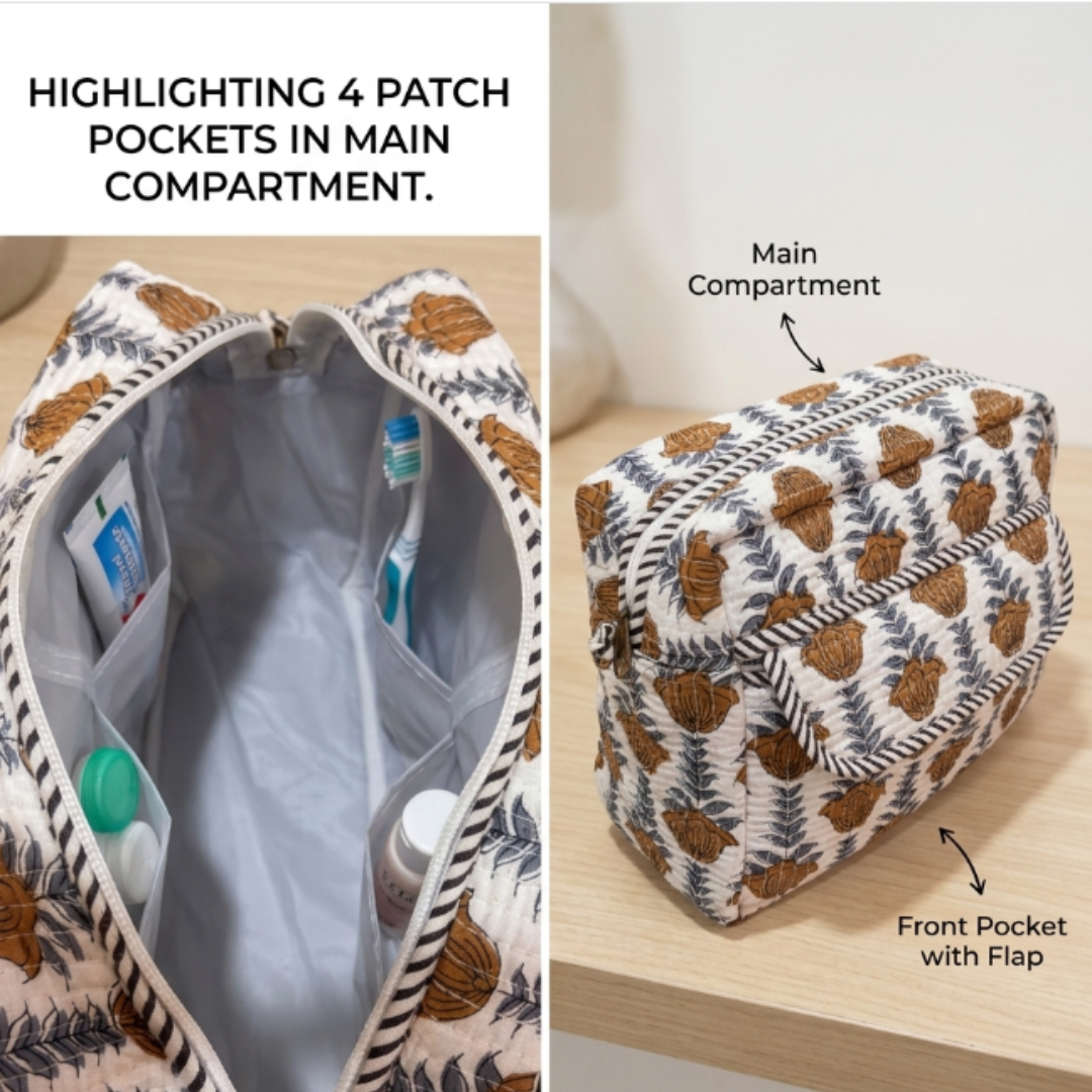 Multi-Pocket Travel Cosmetic Case with Flap & Front Zip — Handcrafted Quilted Block Print | RajPadmini