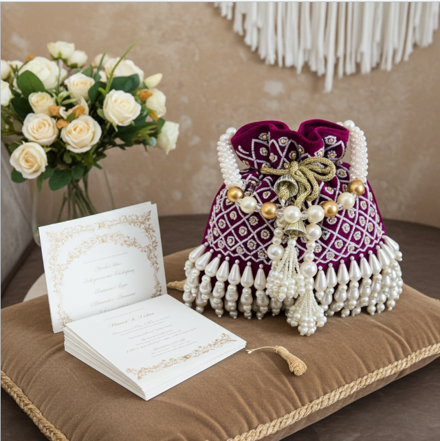 The House of RajPadmini Velvet Pearl Embroidered Potli Bag