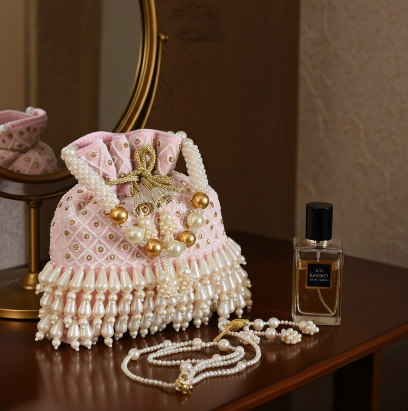 The House of RajPadmini Velvet Pearl Embroidered Potli Bag