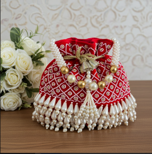 The House of RajPadmini Velvet Pearl Embroidered Potli Bag