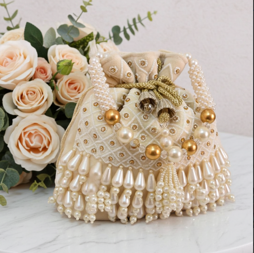 The House of RajPadmini Velvet Pearl Embroidered Potli Bag